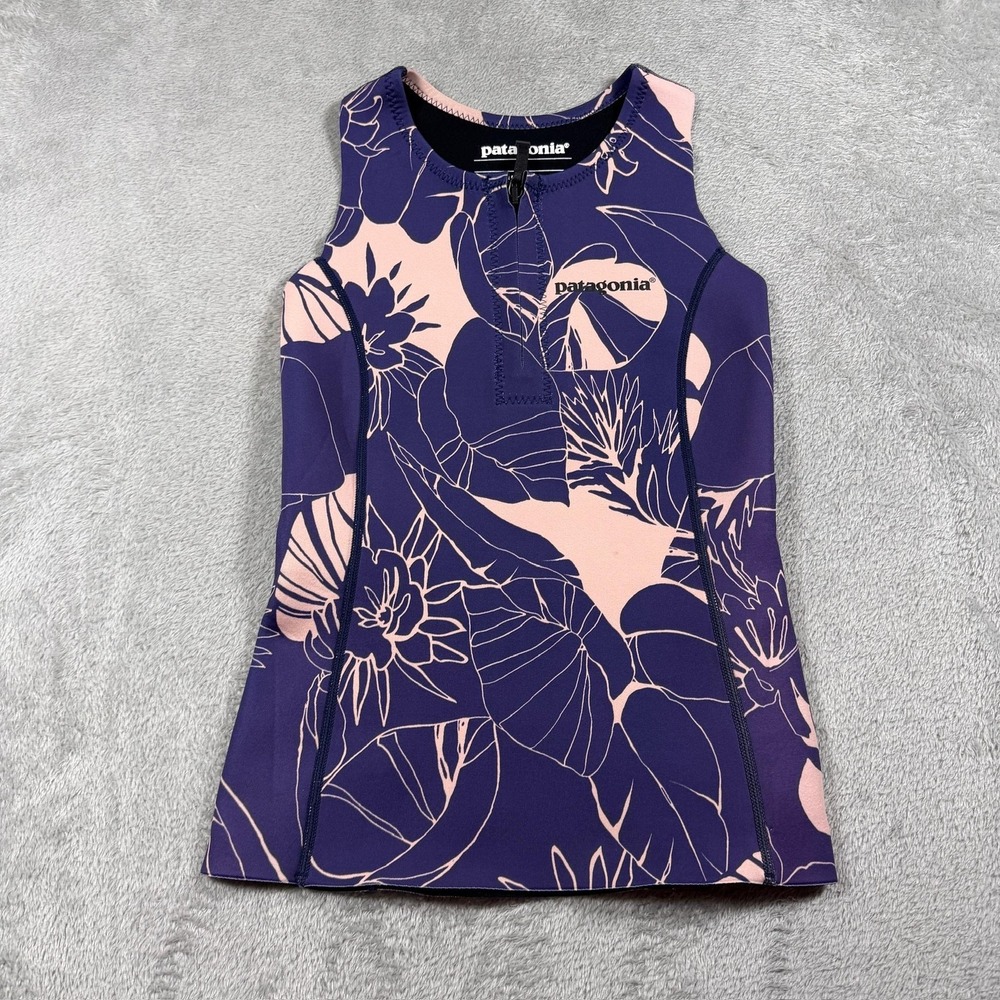 Patagonia Women's Purple and Pink Floral Swim Top Marked SAMPLE EUC
